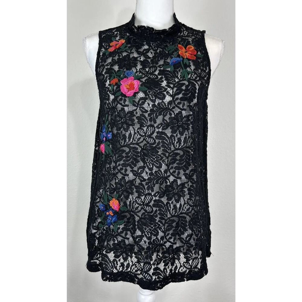 LOFT Small Black Lace Floral Embroidered Mock Neck Sleeveless Top